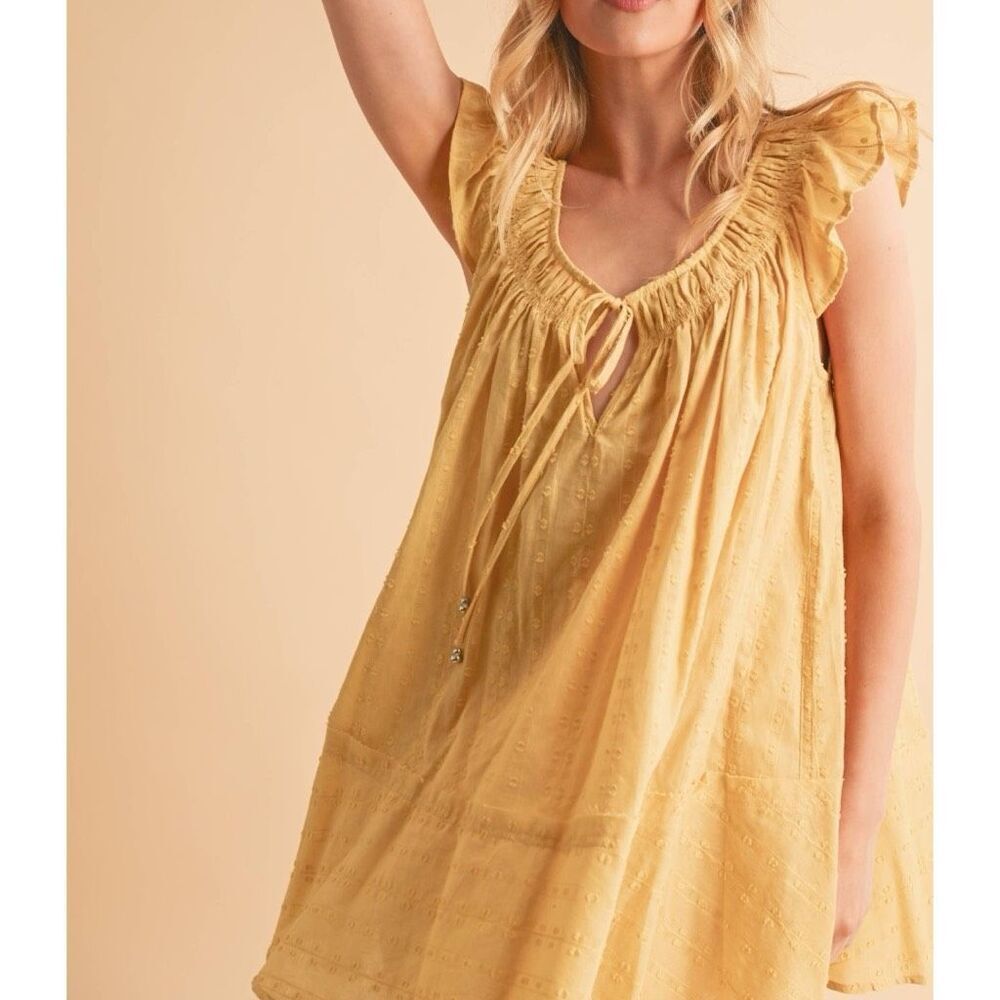 Yellow Tunic Mini Dress Ruffled Cap Sleeve Cotton NWT | Aemi+Co - Picture 6 of 14